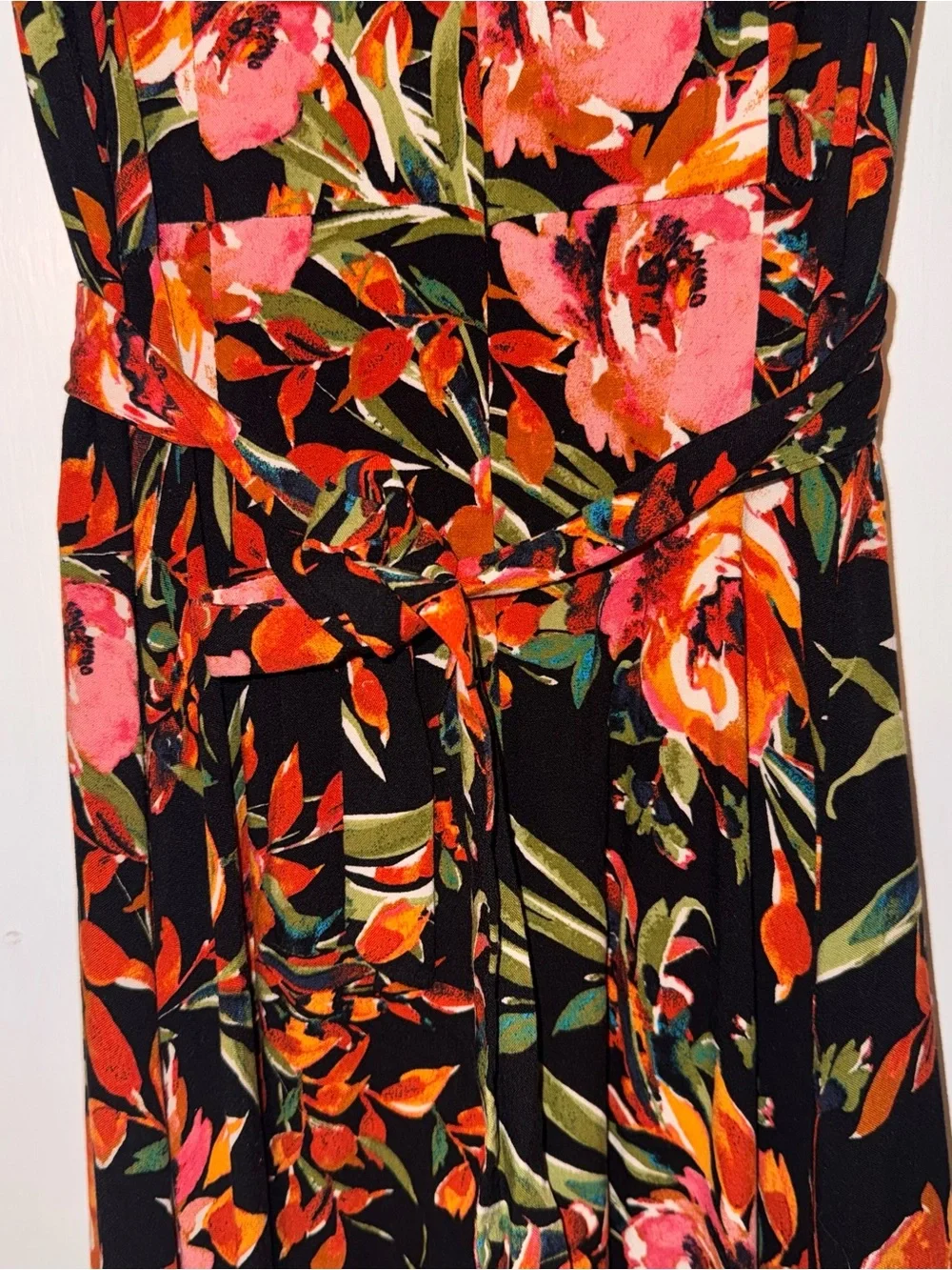 MSK Floral Black Maxi Dress Orange Pink Blooms tie back sash 100% viscose M - Picture 9 of 14